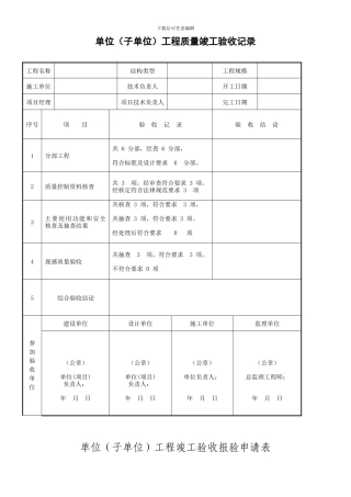 单位工程竣工验收记录表