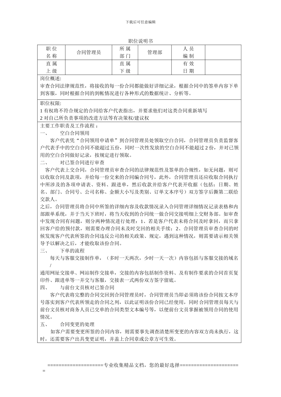 合同管理员岗位说明书及用人标准_第1页