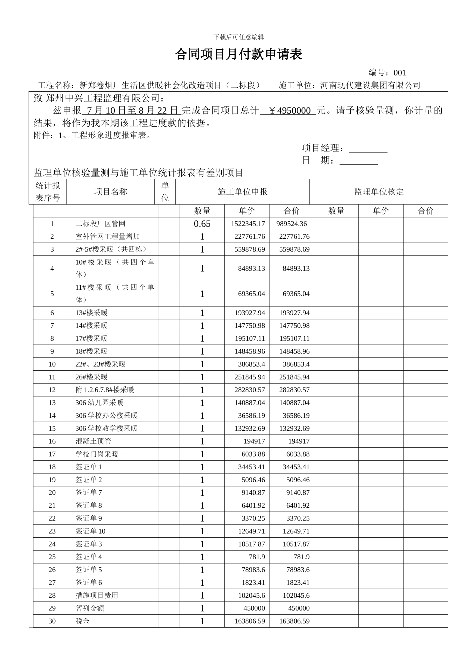 合同项目月支付款申请表_第1页