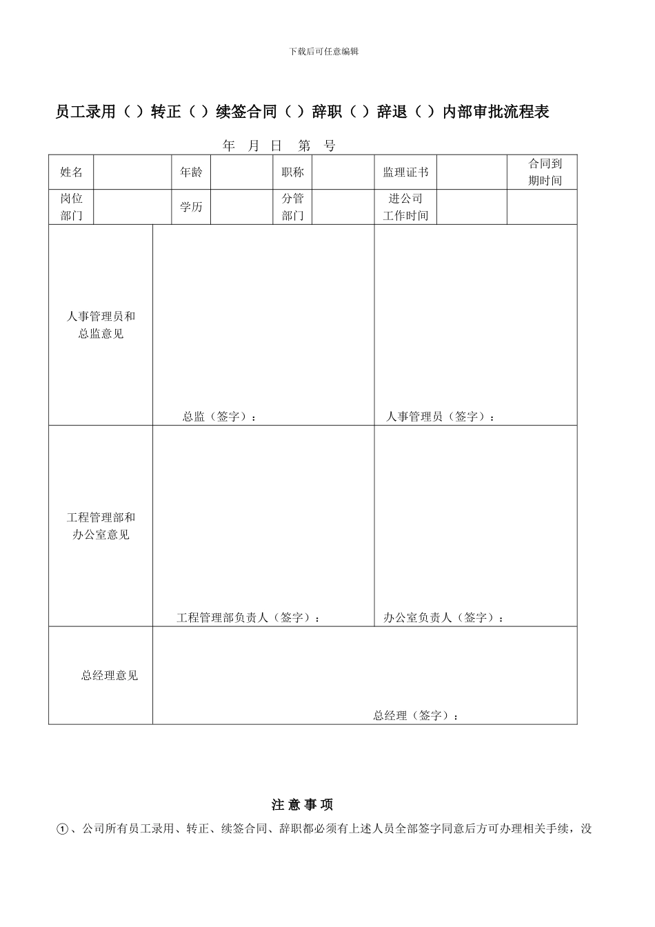 员工录用转正续签合同辞职辞退内部审批流程表_第1页