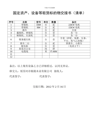 固定资产、设备等租赁标的物交接书