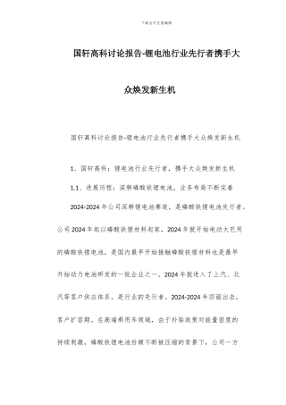 国轩高科研究报告-锂电池行业先行者携手大众焕发新生机