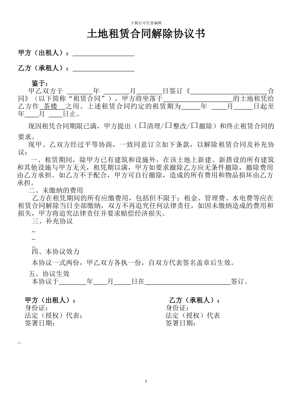 土地租赁合同解除协议书_第1页