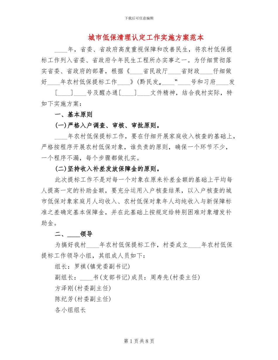 城市低保清理认定工作实施方案范本_第1页