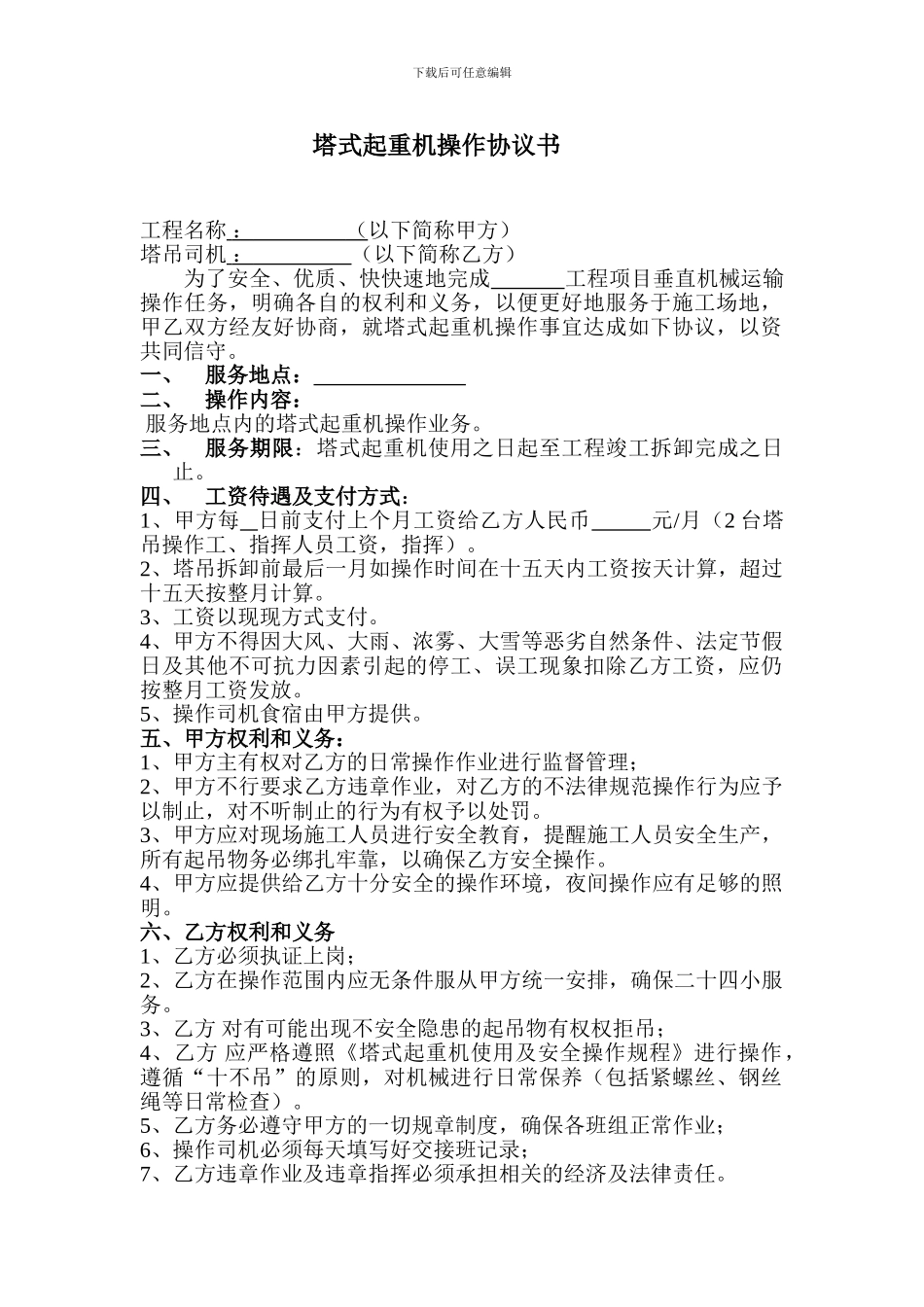 塔式起重机操作协议书_第1页