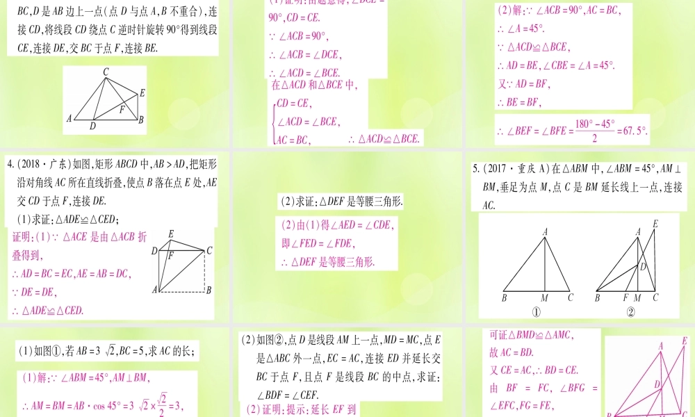 (湖北专用版)版中考数学总复习 第二轮 专项突破5 三角形、四边形中的证明与计算 类型1 三角形中的证明与计算实用课件