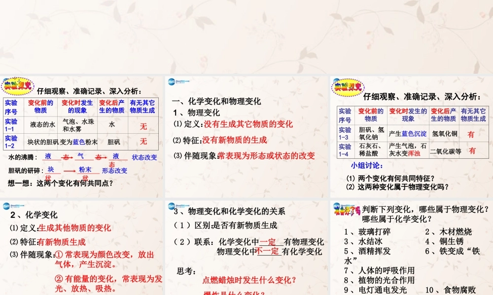 九年级化学上册 第一单元 课题1 物质的变化和性质课件1 (新版)新人教版 课件