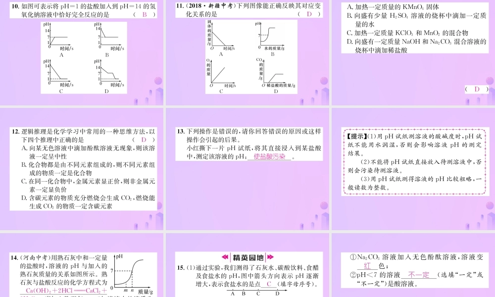 九年级化学下册 第10单元 酸和碱 课题2 酸和碱的中和反应 第2课时 溶液酸碱度的表示法 pH作业课件 (新版)新人教版 课件