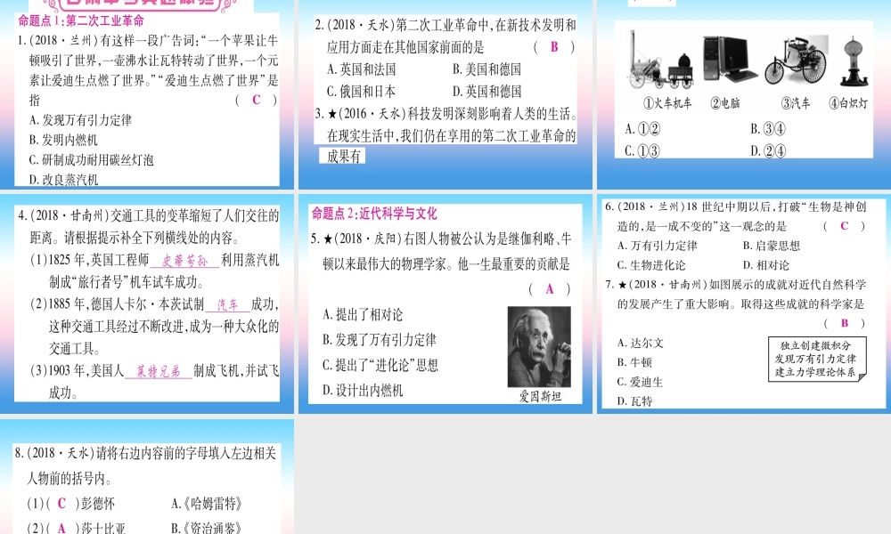 (甘肃专用)中考历史总复习 第一篇 考点系统复习 板块五 世界近代史 主题五 第二次工业革命和近代科学文化(精讲)课件