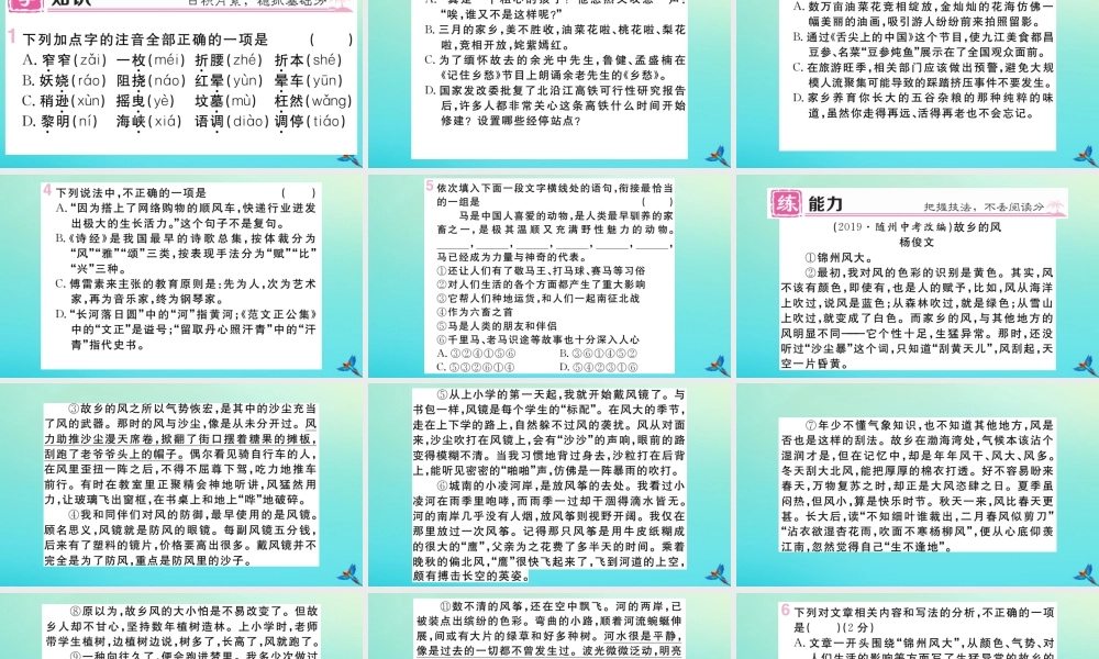 (黄冈专版)九年级语文上册 第一单元 3 乡愁作业课件 新人教版 课件