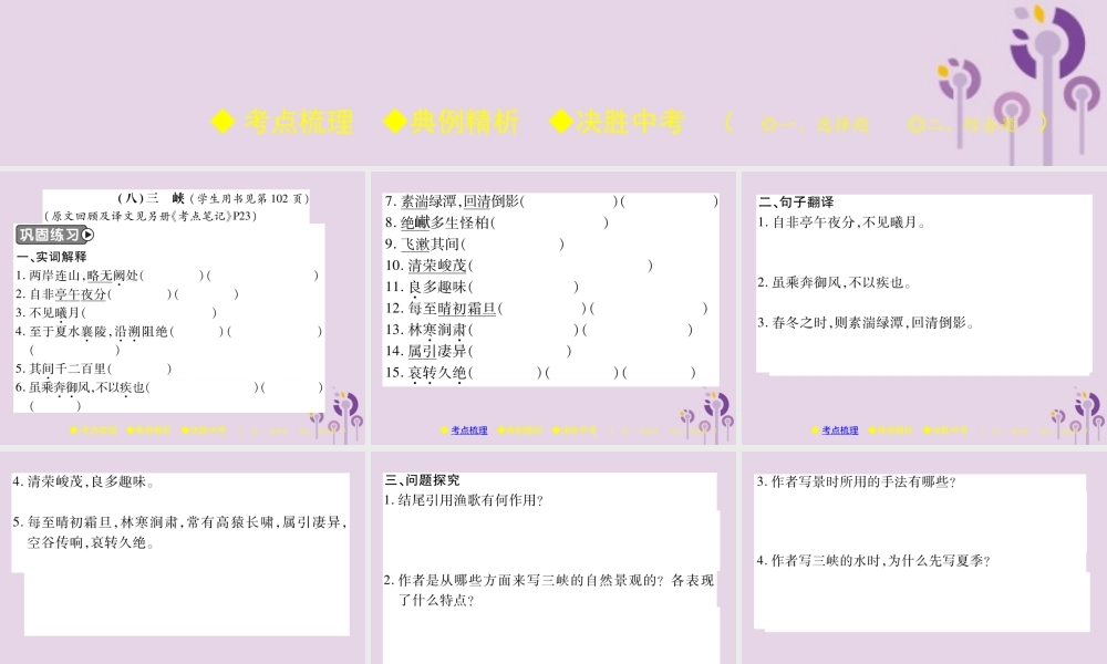 中考语文复习 第二部分 古诗文积累与阅读 专题二 文言文(八)(三峡)课件
