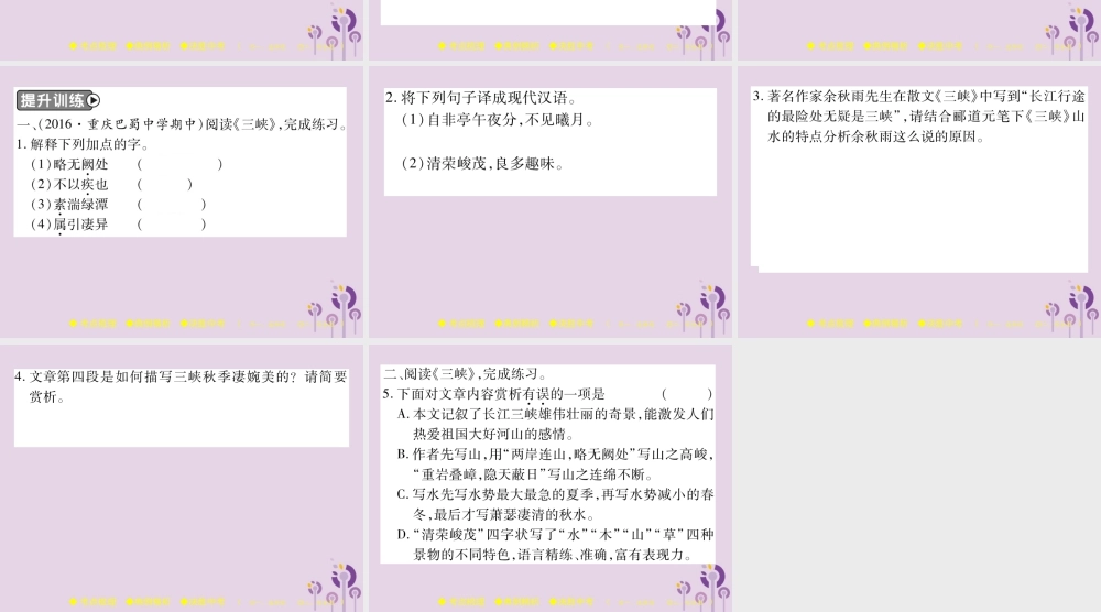 中考语文复习 第二部分 古诗文积累与阅读 专题二 文言文(八)(三峡)课件