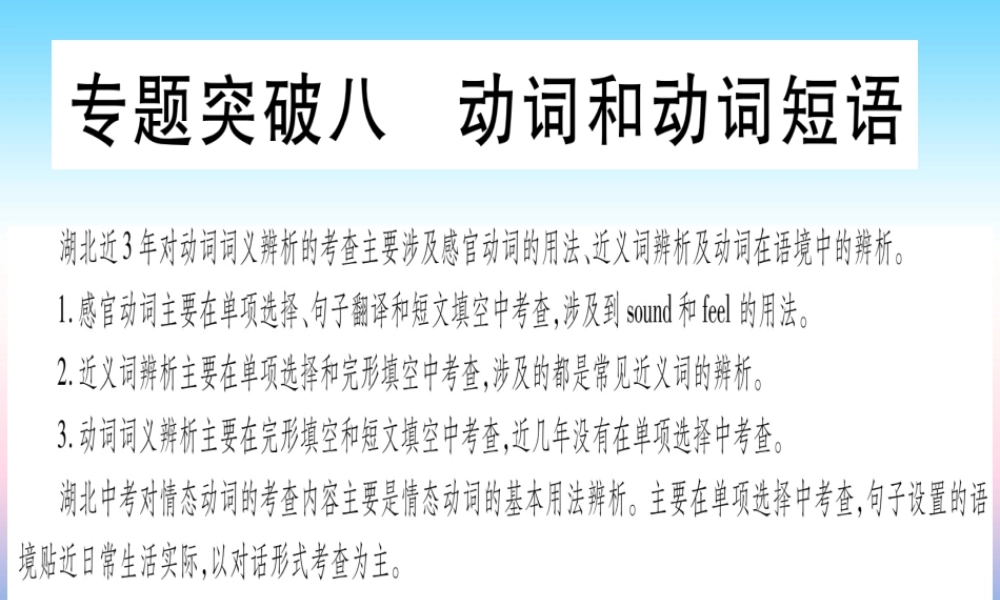 (湖北专用版)版中考英语复习 第二篇 中考专题突破 第一部分 语法专题 专题突破8 动词和动词短语课件