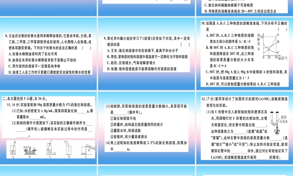 九年级化学下册 第九单元 溶液检测卷习题课件 新人教版 课件