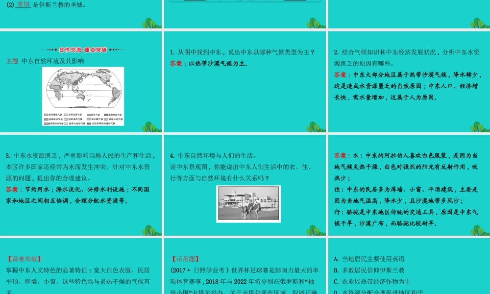 七年级地理下册 第八章 第一节 中东(二匮乏的水资源 多元的文化)习题课件(新版)新人教版 课件