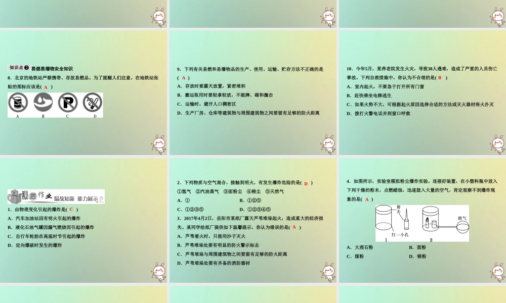 九年级化学上册 第7单元 燃料及其利用 课题1 燃烧和灭火 第2课时 易燃物和易爆物的安全知识作业课件 (新版)新人教版 课件