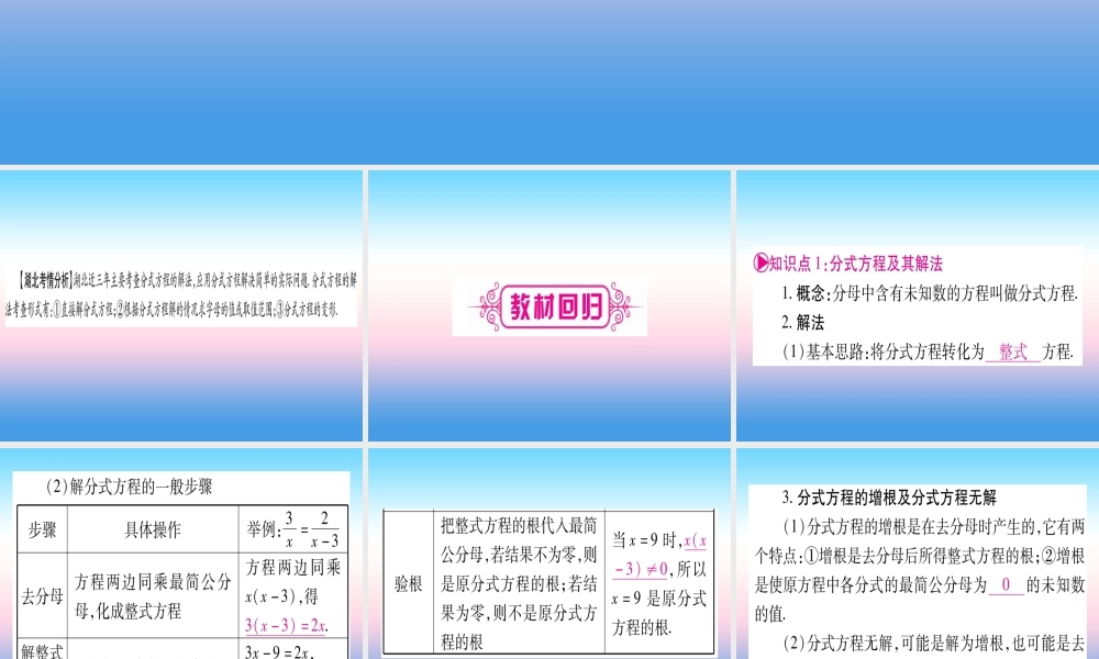 (湖北专版)中考数学总复习 第1轮 考点系统复习 第2章 方程(组)与不等式(组)第3节 分式方程及其应用习题课件