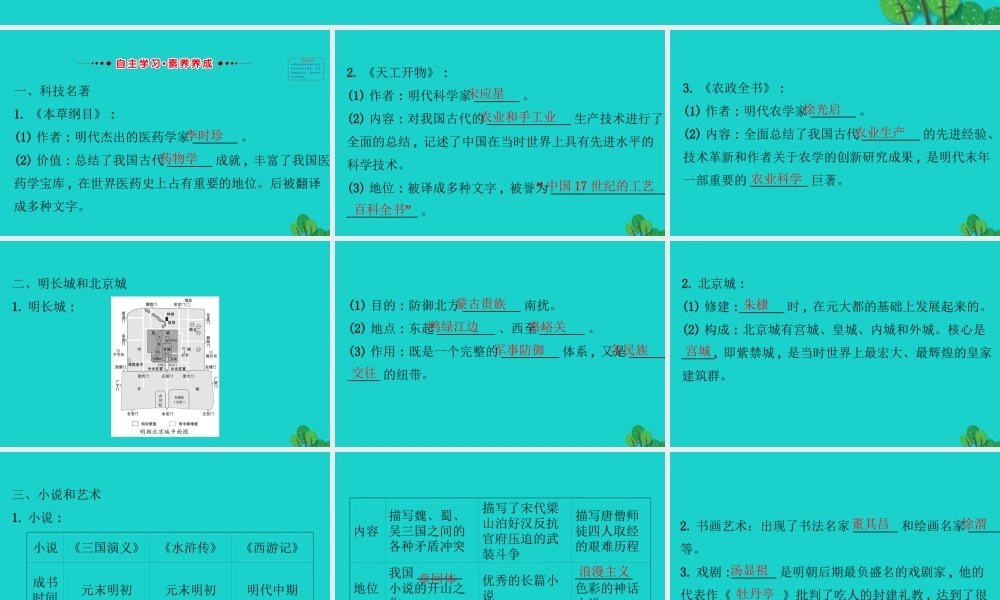 七年级历史下册 第三单元 明清时期：统一多民族国家的巩固与发展 第16课明朝的科技、建筑与文学习题课件 新人教版 课件