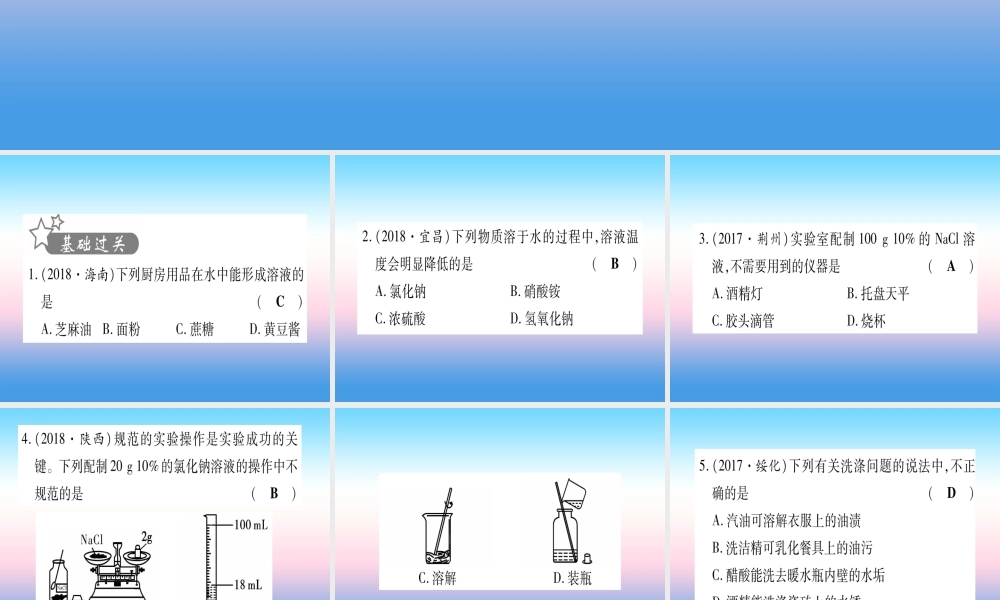 (云南专用)中考化学总复习 第1部分 教材系统复习 九下 第9单元 溶液(精练)课件