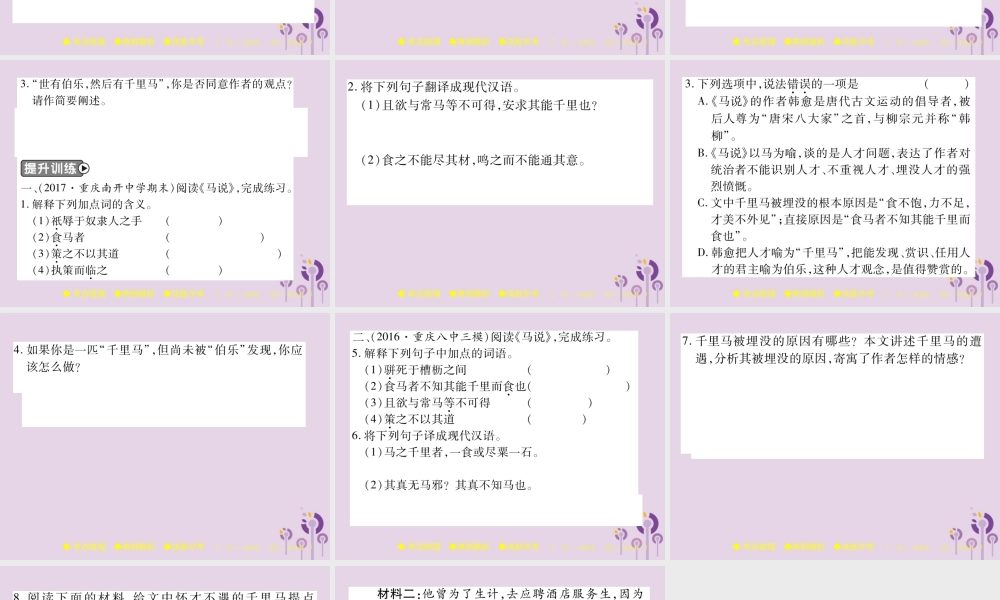 中考语文复习 第二部分 古诗文积累与阅读 专题二 文言文(十一)(马说)课件