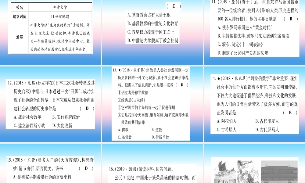 (甘肃专用)中考历史总复习 第一篇 考点系统复习 板块四 世界古代史 主题二 封建时代的欧洲与亚洲(精练)课件