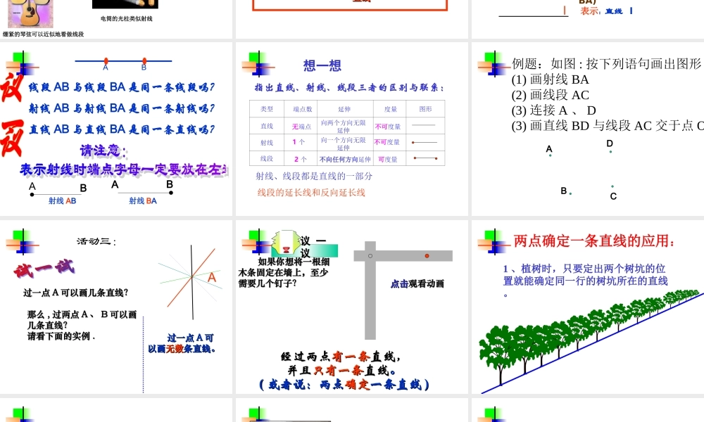 3.2(1)直线、射线、线段的 七年级数学第三章课件集 新课标 人教版