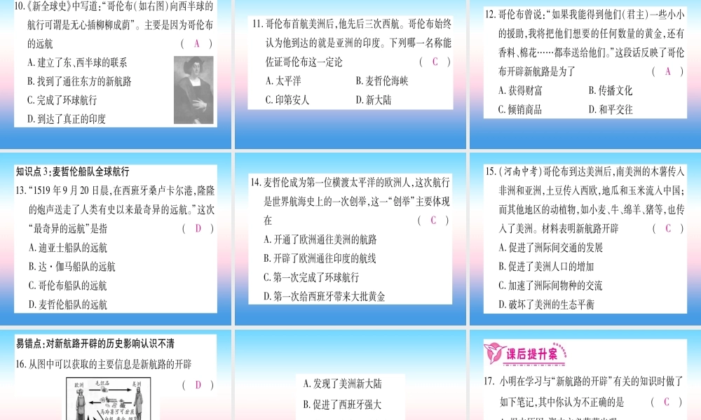 九年级历史上册 第5单元 步入近代 第15课 探寻新航路习题课件 新人教版 课件