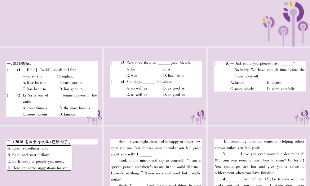 中考英语总复习 第一篇 教材知识梳理篇 组合训练14 八下 Units 7 8(精练)课件