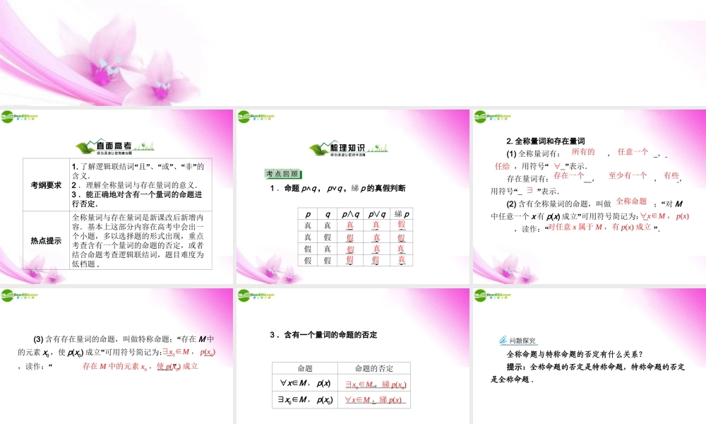 3简单的逻辑连接词 全程量词与存在量词课件 新人教A版 课件