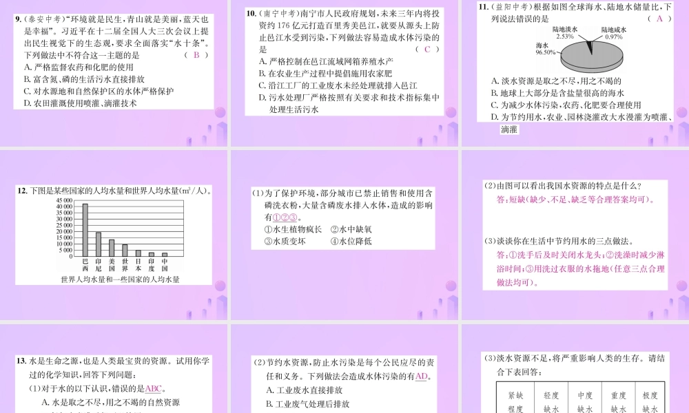 九年级化学上册 第四单元 自然界的水 课题1 爱护水资源(增分课练)习题课件 (新版)新人教版 课件