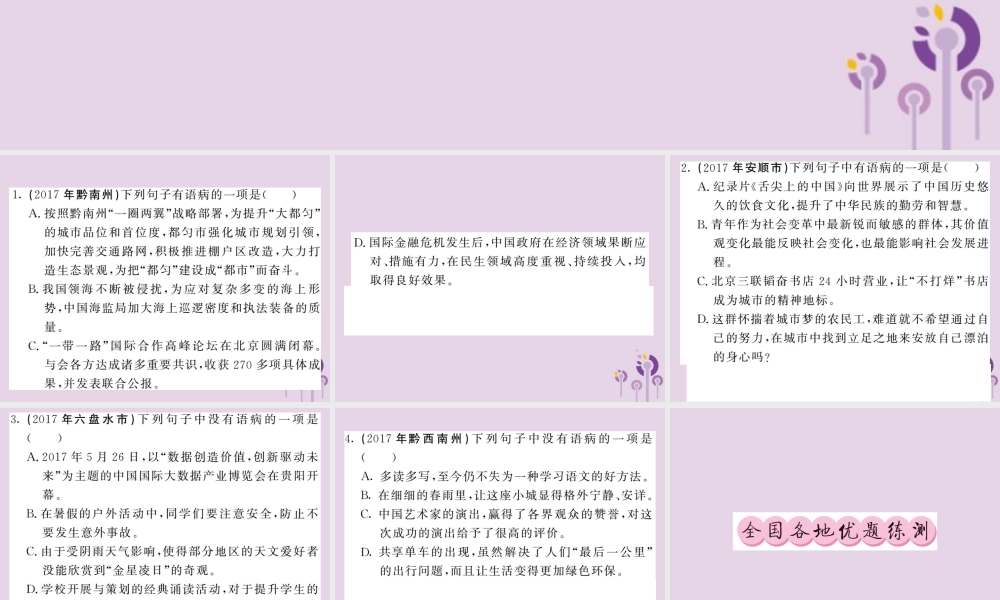 (贵州专版)中考语文复习 第二轮 第一部分 语言积累与运用 专题三 病句解析与修改真题汇编课件