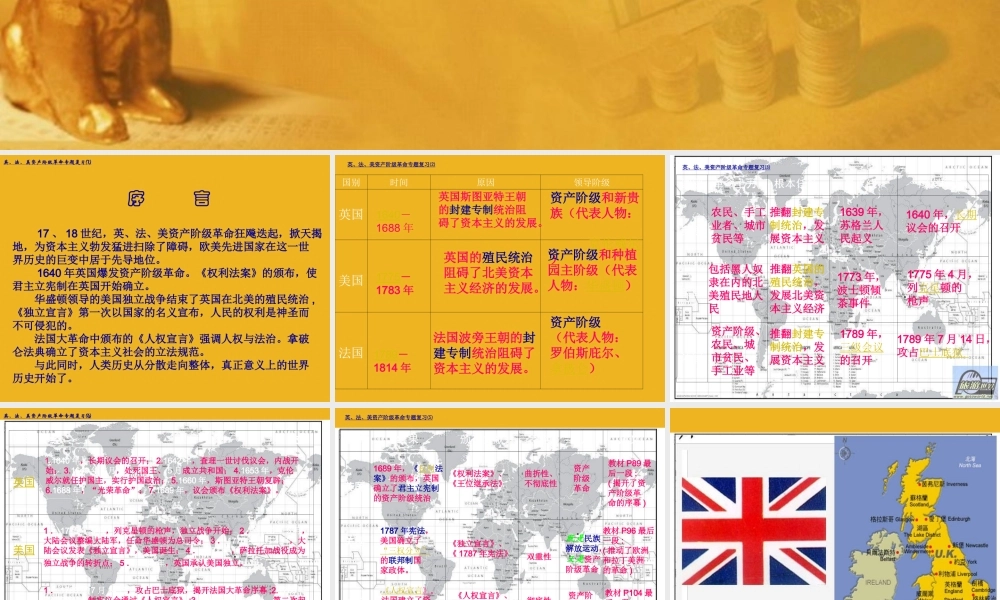 九年级历史上册 英、法、美资产阶级革命复习课件 华师大版 课件