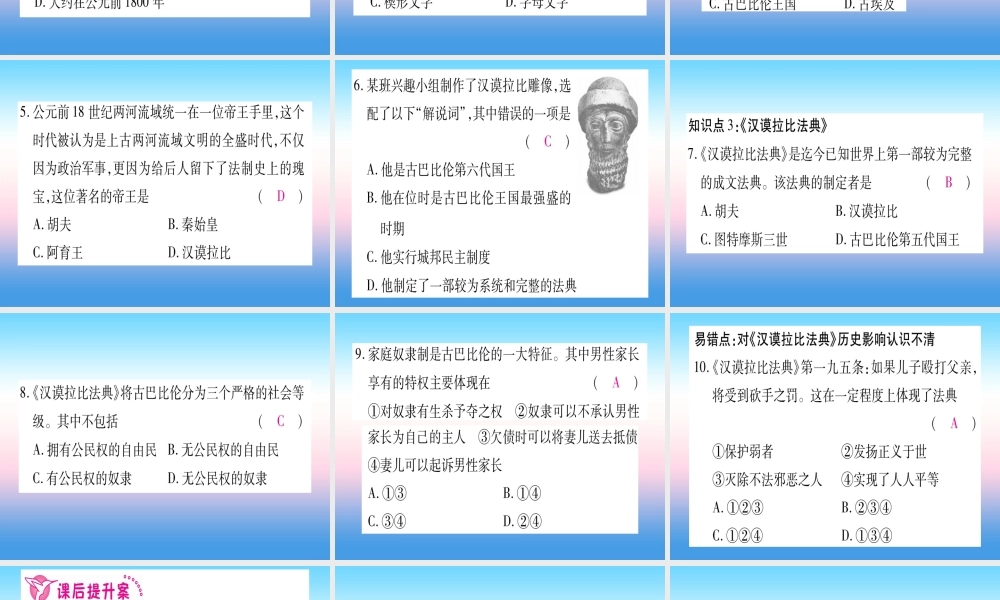 2018秋九年级历史上册 第1单元 古代亚非文明 第2课 古代两河流域习题课件 新人教版 课件