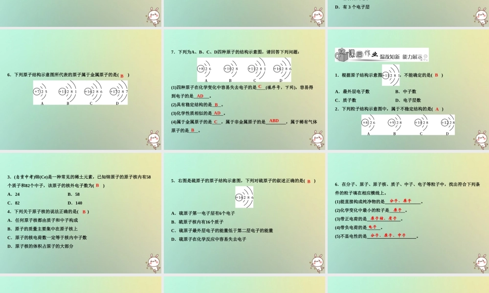 九年级化学上册 第3单元 物质构成的奥秘 课题2 原子的结构 第1课时 原子的构成及原子核外电子的排布作业课件 (新版)新人教版 课件
