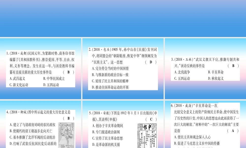 (云南专用)中考历史总复习 第一篇 考点系统复习 板块2 中国近代史 主题二 从辛亥革命到新文化运动(精练)课件
