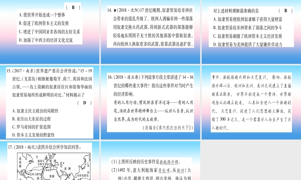 (甘肃专用)中考历史总复习 第一篇 考点系统复习 板块五 世界近代史 主题一 步入近代(精练)课件