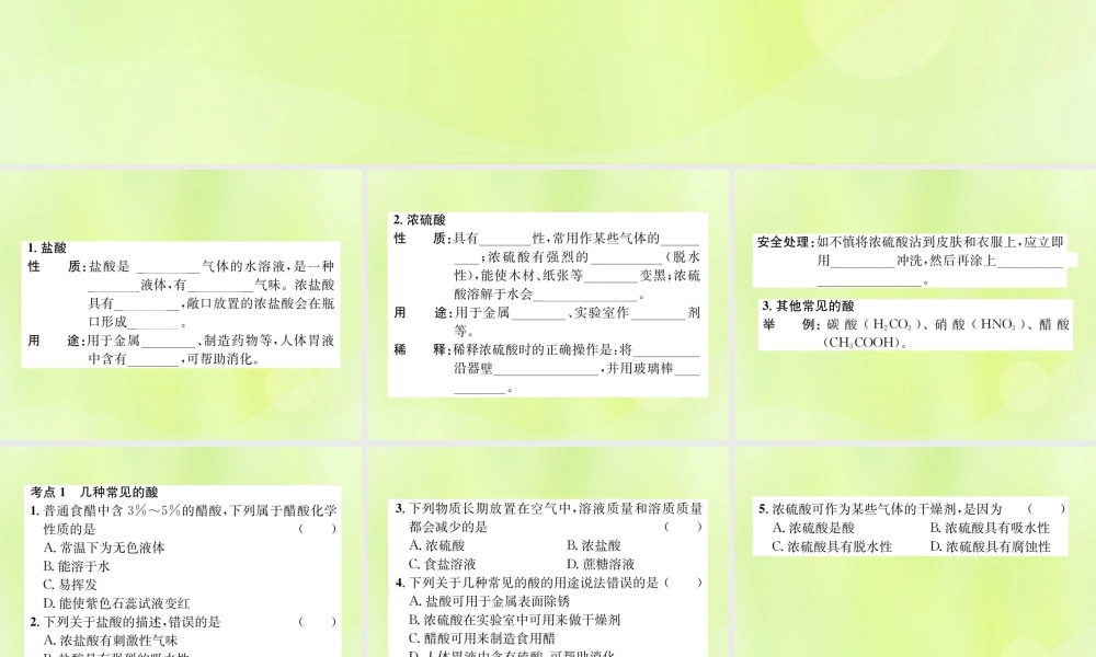 九年级化学下册 第十单元 酸和碱 课题1 第2课时 常见的酸浓硫酸复习课件 (新版)新人教版 课件