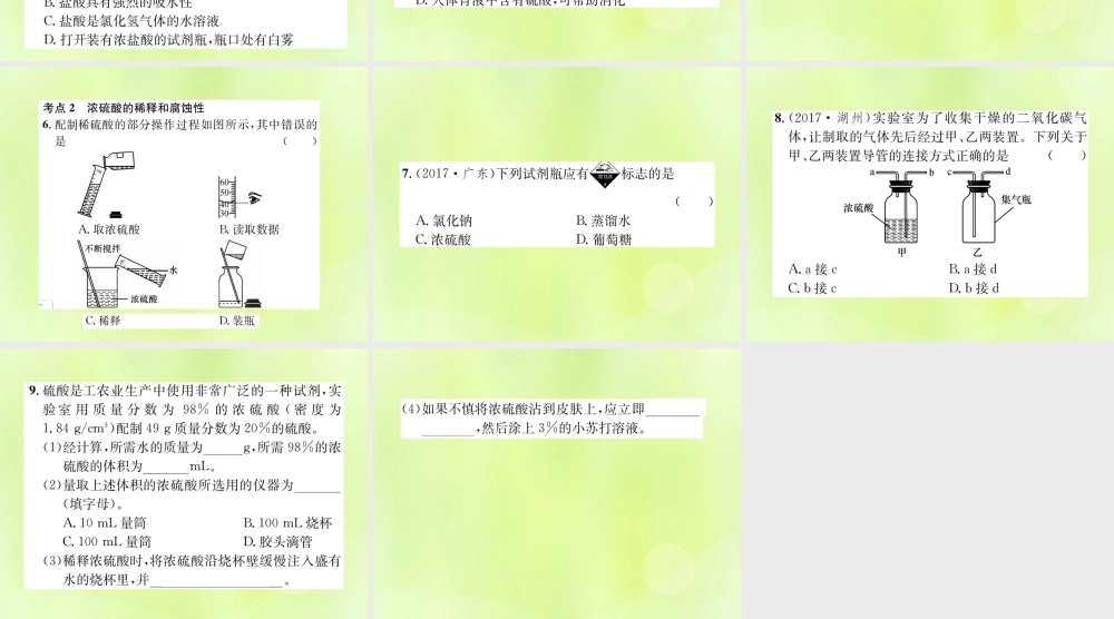 九年级化学下册 第十单元 酸和碱 课题1 第2课时 常见的酸浓硫酸复习课件 (新版)新人教版 课件