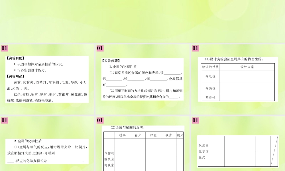 九年级化学下册 第八单元 金属和金属材料 实验活动4 金属的物理性质和某些化学性质复习课件 (新版)新人教版 课件