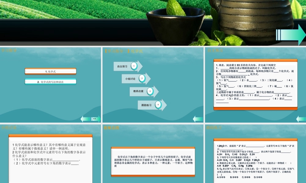 九年级化学上册 第四单元 自然界的水 课题4 化学式与化合价 第1课时 化学式课堂导学课件 (新版)新人教版 课件