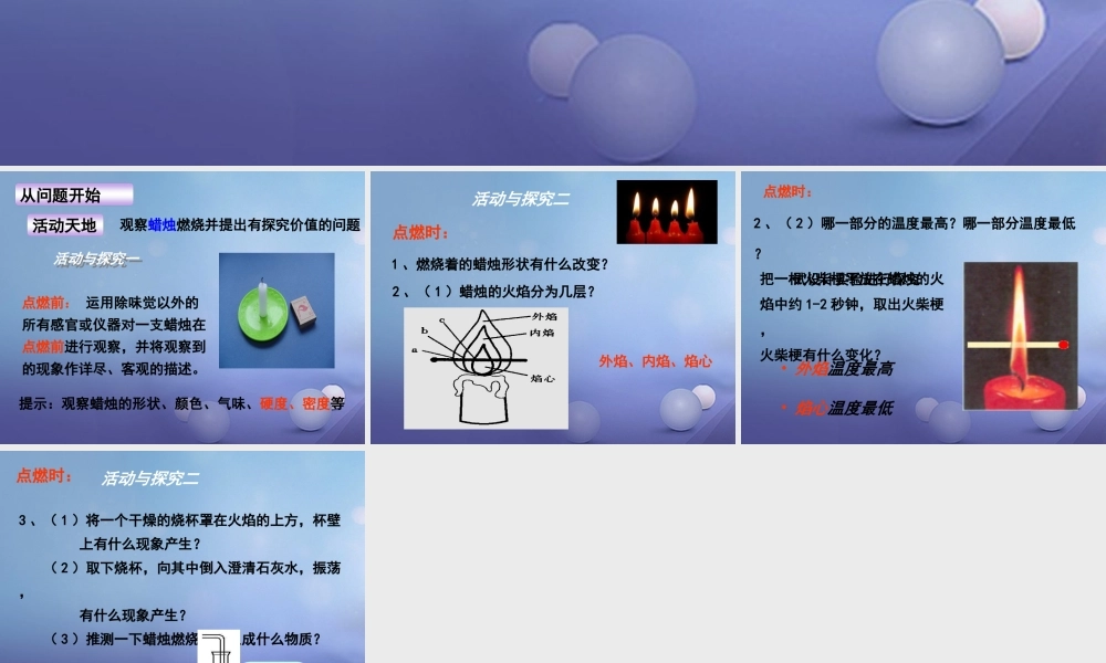 九年级化学上册 12 体验化学探究 观察蜡烛燃烧并提出具有探究价值的问题素材 (新版)鲁教版 素材