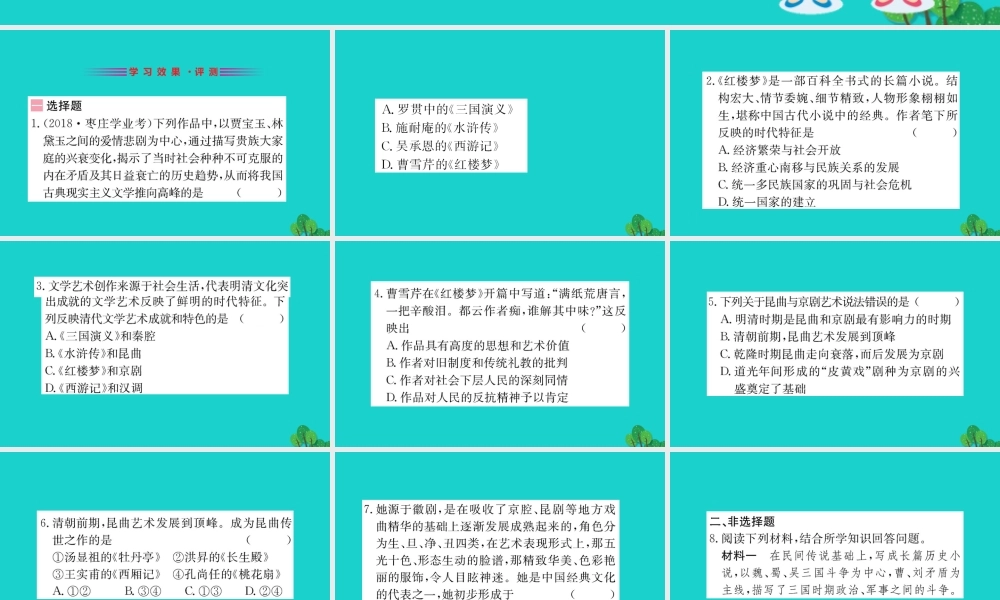 七年级历史下册 第三单元 明清时期：统一多民族国家的巩固与发展 第21课 清朝前期的文学艺术习题课件 新人教版 课件