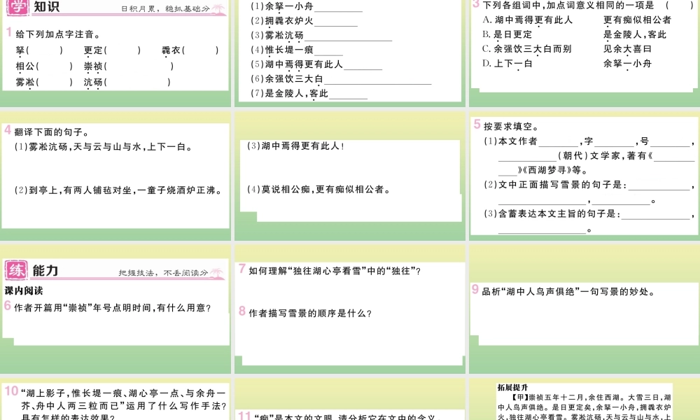 (河南专版)九年级语文上册 第三单元 12 湖心亭看雪作业课件 新人教版 课件