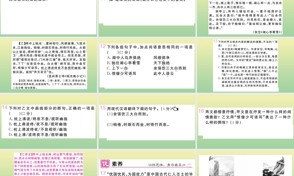 (河南专版)九年级语文上册 第三单元 12 湖心亭看雪作业课件 新人教版 课件