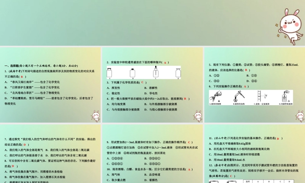 九年级化学上册 第1单元 走进化学世界综合检测卷作业课件 (新版)新人教版 课件