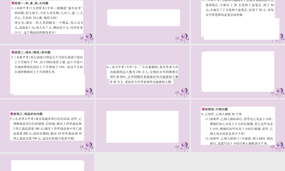 七年级数学上册 第3章 一次方程与方程组 小专题(四)二元一次方程(组)的应用课件 (新版)沪科版 课件