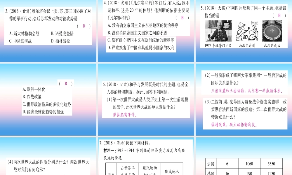 (甘肃专用)中考历史总复习 第二篇 知能综合提升 专题八 两次世界大战和政治格局的演变课件