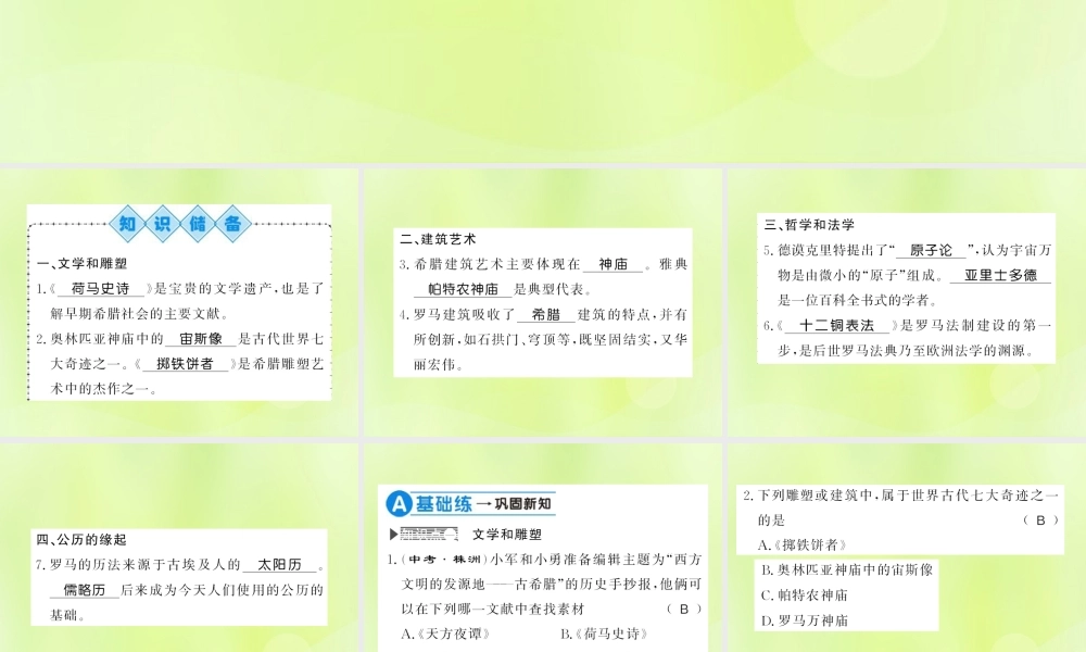 九年级历史上册 第2单元 古代欧洲文明 第6课 希腊罗马古典文化习题课件 新人教版 课件