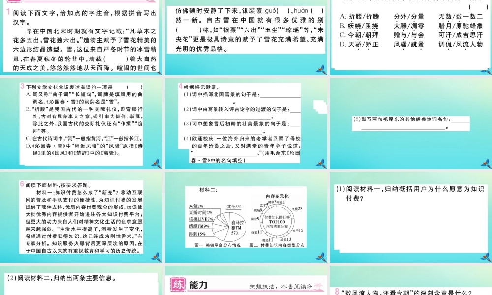 (河南专版)九年级语文上册 第一单元 1 沁园春 雪作业课件 新人教版 课件