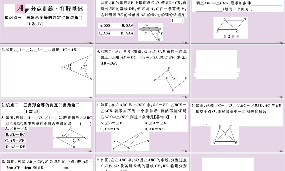 (河北专版)八年级数学上册 12.2 三角形全等的判定 第3课时 角边角  角角边 习题课件 (新版)新人教版 课件